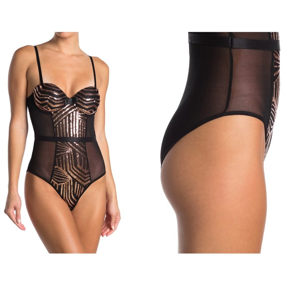 Black Fuchsia Secret Lace Sequin Panel Bodysuit Black Gold